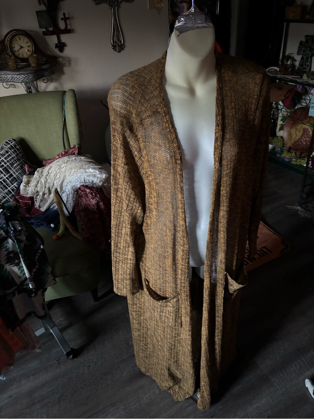 Boho Heathered Brown Open-Front Longline Duster Cardigan Sweater LG